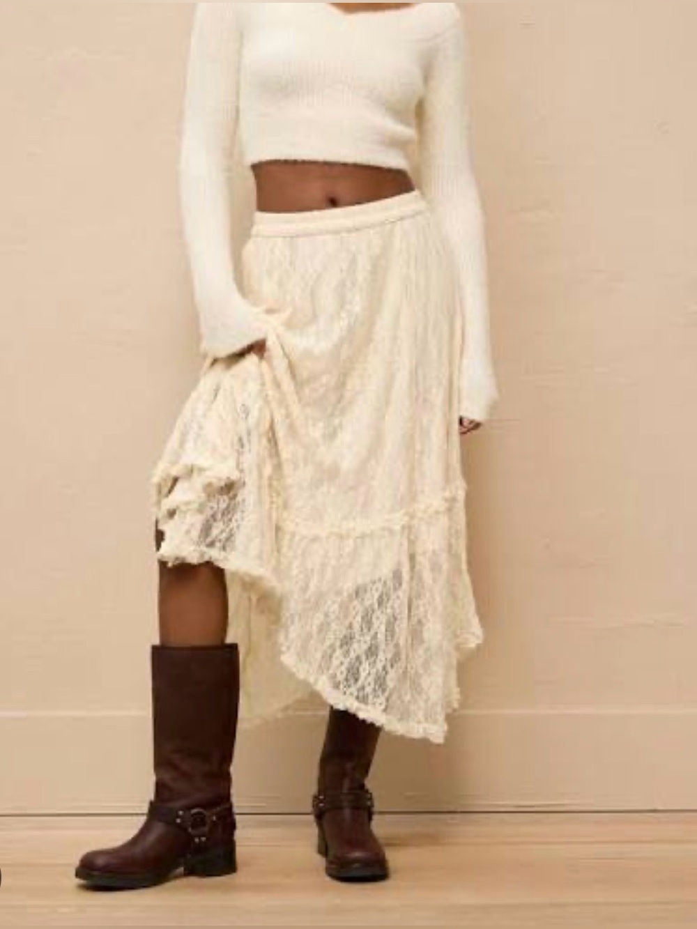 AE Tiered Lace Midi Maxi Handkerchief Hem Skirt High-Waisted NWT
